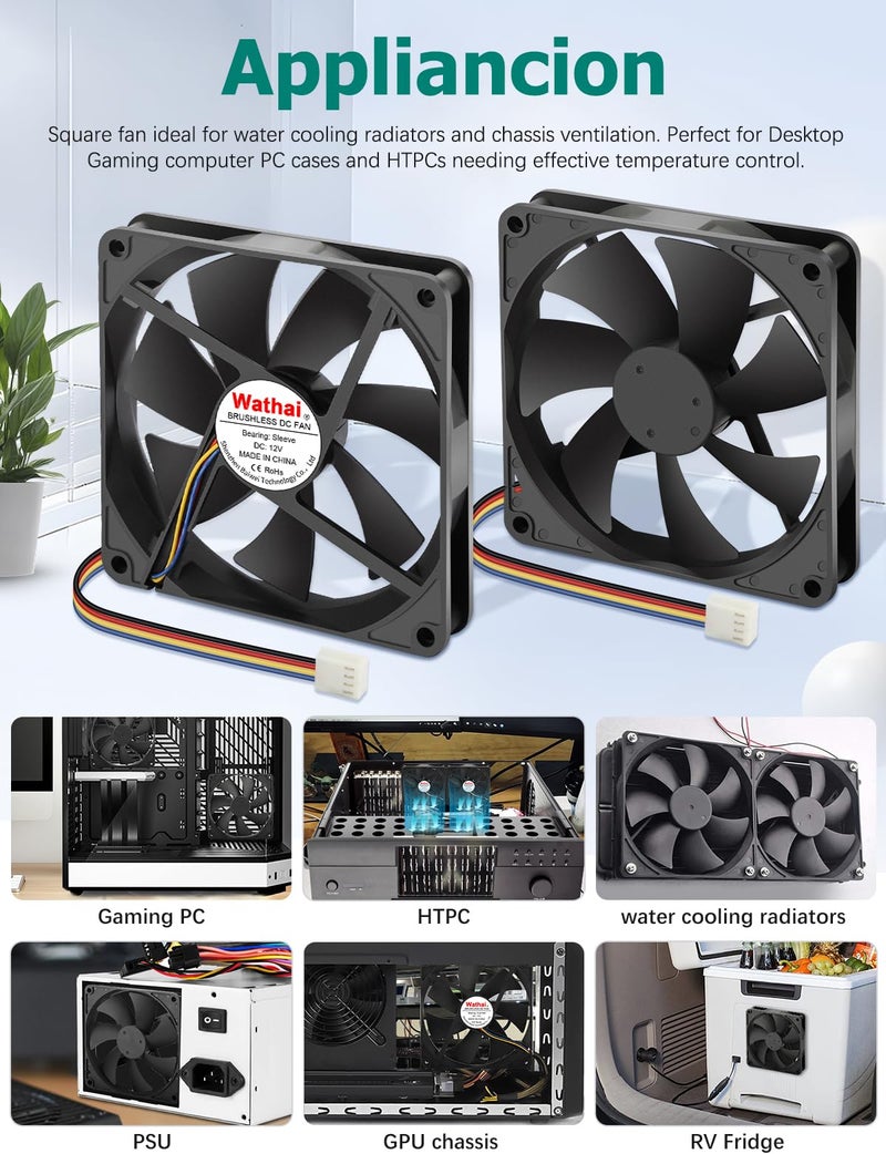 Wathai 120mm x 25mm 4Pin 12V Computer Case Fan DC Brushless Cooling Fan High Speed Replacement for Desktop PCs Case, AIO GPU Coolers - Image 2